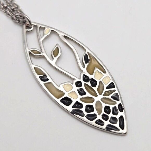 Silvertone Double Chain with Openwork Floral Pendant Resin Mosaic Style Inlay - Picture 4 of 5